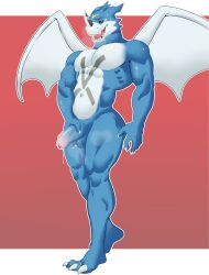 absurd_res anthro bandai_namco bodily_fluids cum digimon digimon_(species) exveemon genital_fluids genitals hi_res male male_only matidramon muscular muscular_male musk penis solo sweat wings