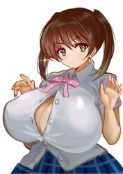 1girls bangs brown_hair cleavage enormous_breasts eyebrows_visible_through_hair female front_view fully_clothed gradient_hair green_eyes light-skinned_female light_skin looking_away love_live! manyuu_kaeru_tasuke_sansei medium_hair nipple_bulge ribbon school_uniform shirt simple_background skirt solo standing takasaki_yuu twintails unbuttoned white_background