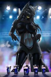 2023 5_fingers anthro areola breasts brown_eyes canid canine clothed clothing collar digital_media_(artwork) eyebrows eyelashes female fingers genitals grey_hair hair hi_res lesspie mammal nipples pussy smile solo teeth