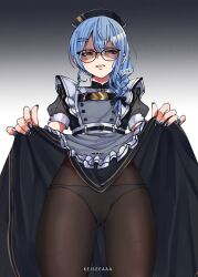 absurdres artist_name black_pantyhose blue_hair blue_nails blush braid cameltoe clothes_lift commentary disgust dress dress_lift english_commentary female frills glaring glasses hair_ornament hairclip hat highres hololive hololive_gen_0 hololive_japan hoshimachi_suisei hoshimachi_suisei_(6th_costume) keisea lifted_by_self long_hair nurse_cap official_alternate_costume official_alternate_hairstyle panties panties_under_pantyhose pantyhose parted_lips shaded_face solo underwear virtual_youtuber white_panties