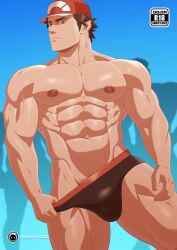 abs bara brown_eyes brown_hair cap cresxart glaring glaring_at_viewer male male_nipples male_only muscular_arms muscular_male muscular_thighs pecs pokemon red_(pokemon) serratus serratus_anterior solo speedo v-line