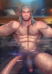 1boy 2022 abs balls bara barazoku biceps big_balls big_penis blush cd_projekt_red completely_nude facial_hair gay geralt_of_rivia hairy hairy_chest half-erect hi_res highres looking_at_viewer male male_focus male_nipples male_only male_pubic_hair manly mavekkart muscles muscular muscular_arms muscular_male nipples nude pecs penis solo solo_male testicles the_witcher the_witcher_(series) vein veiny_penis wet