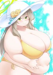 1girls 2023 absurd_res abydos_high_school_student bbw belly blue_archive breasts chubby chubby_female cleavage fat female female_focus green_eyes hat holding_belly huge_belly huge_breasts long_hair looking_at_viewer nonomi_(blue_archive) nonomi_(swimsuit)_(blue_archive) onehaunt overweight overweight_female plump solo solo_female solo_focus