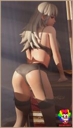 1girls 3d 3d_(artwork) arms artist_name ass ass back back_view bare_shoulders bra closed_mouth clothed clothing covered_breasts digital_media_(artwork) female female_focus female_only fortnite hair hands hips image indoors legs legs_apart legwear lexa_(fortnite) light_skin lingerie looking_at_viewer looking_back open_eyes panties partially_clothed princess_lexa_(fortnite) red_eyes shoulders slymyguy sole_female standing stockings sunrays thighs waist white_hair