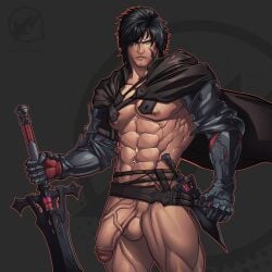 1boy 2023 abs balls bara barazoku biceps big_balls big_penis black_hair blitzturner blue_eyes clive_rosfield final_fantasy final_fantasy_xvi gay half-erect hi_res highres looking_at_viewer male male_focus male_nipples male_only manly muscles muscular muscular_arms muscular_legs muscular_male muscular_thighs nipples nude pecs penis solo solo_male testicles vein veiny_penis