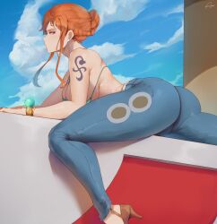 araneesama ass ass_focus belly big_ass big_breasts bikini bikini_top cutesexyrobutts_(style) exposed_midriff female female_only green_bikini hair hair_bun heels high_heels higher_resolution_available jeans midriff nami nami_(one_piece) one_piece orange_hair post-timeskip sandals shoes skin_tight stretching sunny tight_clothing tight_fit tight_jeans