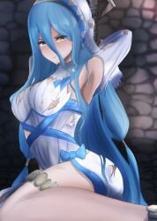 1girls angry armpits arms_behind_head azura_(fire_emblem) bare_legs bare_thighs blue_hair bondage bound bound_to_pole bound_wrists breasts captured dirty dress dungeon elbow_gloves female female_only femsub fire_emblem fire_emblem_fates gloves green_eyes hair_between_eyes headwear indoors kneeling legs light_blue_hair long_hair looking_at_viewer medium_breasts nenemu0 nintendo pole restrained scar solo textless thighs torn_clothes very_long_hair yellow_eyes