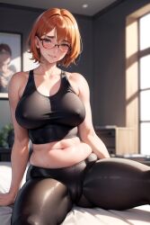 1girls ai_generated black_clothing blush blushing_at_viewer cameltoe crop_top freckles freckles_on_face freckles_on_shoulders ginger ginger_hair glasses gray_eyes leggings promptchan promptchan.ai sweating sweaty tank_top tight_clothing workout_clothes