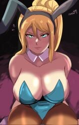 1girls 2023 aqua_eyes big_breasts blonde_hair blush bunny_ears bunny_ears_(cosmetic) bunnysuit detached_collar female female_only hi_res huge_thighs karbuitt long_hair looking_at_viewer metroid mole mole_under_mouth nintendo pantyhose samus_aran sitting solo thick_ass year_of_the_rabbit