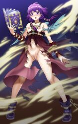 1girls absurdres aerokinesis armpits ass_visible_through_thighs assisted_exposure bangs bare_arms bare_legs bare_midriff bare_shoulders blue_cape blush book boots bracer breasts cape censored collarbone dress embarrassed exposed_breasts exposed_pussy female female_only fire_emblem fire_emblem:_the_sacred_stones from_below full_body highres holding holding_book humiliation legs looking_at_viewer looking_down low_twintails lute_(fire_emblem) magic midriff mosaic_censoring nintendo nipples nude nude_female open_book open_mouth outdoors purple_eyes purple_hair pussy shocked short_hair shoulders sirano small_breasts solo spell_gone_wrong standing sweat torn_clothes torn_dress twintails wind