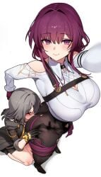 2girls ass ass_worship big_ass big_breasts breasts curvy earring face_in_ass female female_only gloves grey_hair head_on_ass honkai:_star_rail huge_ass huge_breasts kafka_(honkai:_star_rail) large_breasts long_sleeves looking_at_viewer ndgd purple_eyes purple_hair simple_background smile stelle_(honkai:_star_rail) thick thick_thighs voluptuous white_background yuri