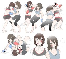 2girls abs barefoot bike_shorts black_pants black_shorts black_sports_bra blue_gloves blue_sports_bra brown_eyes brown_hair bruise catfight fingerless_gloves girls_und_panzer gloves grapple injury long_hair martial_arts mika_(girls_und_panzer) mixed_martial_arts multiple_girls muscular nexas nishizumi_maho no_headwear pants red_gloves short_hair shorts sports_bra striped striped_sports_bra submission_hold tank_top underwear wrestling