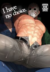 2boys abs bara belt bulge cover cover_page cum cum_in_clothes cum_on_body cum_on_boy cum_on_clothes cum_on_pectorals dead_by_daylight doujin_cover dry_humping english_text erection erection_under_clothes feet_out_of_frame friday_the_13th from_below hockey_mask humping jason_voorhees kaidou_j1 large_pectorals male_focus male_only mask michael_myers multiple_boys muscular muscular_male navel nipples open_belt open_fly pants pectoral_cleavage pectorals reverse_cowgirl_position spread_legs stomach straddling strongman_waist thick_thighs thighs topless_male wide_spread_legs yaoi