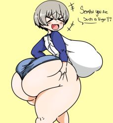 1girls ass back big big_ass big_breasts blush breasts bulge clothed clothing enormous_ass enormous_breasts gigantic_breasts grey grey_hair hair hand huge_ass huge_breasts large_breasts lowres nipples oerba_yun_fang on short short_hair shorts shortstack sideboob simple_background skin teasing text thick_thighs tight uzaki-chan_wa_asobitai! uzaki_hana very_short_hair view yellow_background