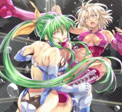 2girls ass blonde_hair blood blue_eyes breasts catfight cleavage_cutout clothing_cutout dark_skin female female_only fighting frills green_hair hair_between_eyes hair_ribbon janice_claire kicking large_breasts leotard lights long_hair medium_breasts medium_hair multiple_girls open_mouth pink_leotard ponytail ribbon sakurai_chisato saliva torn_clothes wet wet_clothes white_leotard wrestle_angels wrestle_angels_survivor_2 wrestling wrestling_boots wrestling_outfit wrestling_ring yellow_eyes yellow_ribbon