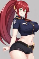 1girls ai_generated big_breasts black_shorts clothing curvaceous curvy_female female female_only huge_breasts large_breasts light-skinned_female light_skin nai_diffusion police_uniform policewoman pyrrha_nikos rwby short_shorts stable_diffusion standing thick thick_thighs transformationwitch voluptuous voluptuous_female