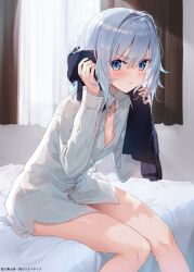 1girls :/ artist_request bed blush fuumi_(radial_engine) light_blue_hair looking_at_viewer on_bed ryuuou_no_oshigoto! sitting sora_ginko towel wet wet_clothes white_shirt