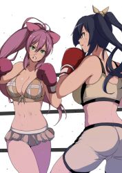 2girls ahoge ass back battle bike_shorts bikini bikini_top_only black_hair blood bow boxing boxing_gloves boxing_ring boxing_shorts boxing_stance bra breasts brown_sports_bra bruise catfight cleavage clenched_teeth colored_eyelashes cowboy_shot duel duo eye_contact female female_only fighting_stance green_eyes groin hair_between_eyes hair_ribbon hairbow high_ponytail injury large_breasts legs_apart light-skinned_female light_skin long_hair looking_at_another microskirt midriff miniskirt multiple_girls navel nosebleed parted_lips pink_boxing_gloves pink_gloves plaid pleated_skirt ponytail profile purple_hair red_boxing_gloves red_eyes red_gloves ribbon rope shorts sideboob sidelocks simple_background skirt sports_bra sportswear standing stomach sweat swimsuit teeth thighs tobisawa twintails very_long_hair white_background