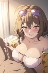 1boy 1boy1girl 1girls ai_generated anis_(nikke) anis_(sparkling_summer)_(nikke) bed big_breasts bikini bikini_top blush breasts brown_hair cum cumshot ejaculation eye_contact eyepatch_bikini female goddess_of_victory:_nikke hand_on_penis handjob huge_breasts large_breasts light-skinned_female light_brown_hair light_skin looking_at_viewer male masturbation nopemope26 on_bed oppai penis pov pov_crotch pov_eye_contact smile swimsuit yellow_eyes