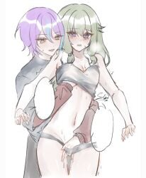 boy bra fingering fondling_breast fully_clothed girl green_hair kamishiro_rui kusanagi_nene nene_kusanagi project_sekai purple_eyes purple_hair rui_kamishiro underwear yellow_eyes