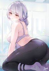 1girls alternate_costume azur_lane blush breasts clothed clothing exercise_ball eyebrows_visible_through_hair eyeofficial_alternate_costume female female_only grey_hair gym_clothes huge_breasts indoors light-skinned_female light_skin marseillaise_(azur_lane) marseillaise_(fighting_angel's_regimen)_(azur_lane) red_eyes sea-nami solo sweat tired vichya_dominion_(azur_lane)