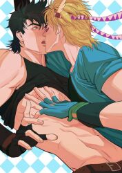 2boys battle_tendency blonde_hair caesar_zeppeli fingerless_gloves gay gloves hand_on_chest horny_male imminent_sex jockstrap jojo's_bizarre_adventure joseph_joestar male male/male male_only muscular_male spadelake yaoi