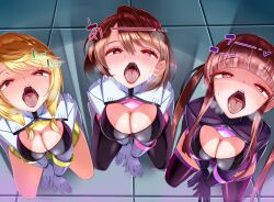 3girls blonde_hair boob_window brainwashing brown_hair chibotakun corrupted corruption defeated defeated_heroine drooling female female_only gloves heart-shaped_pupils kneeling looking_at_viewer mind_control multiple_girls open_mouth original pink_eyes stockings submissive submissive_female superhero_costume superheroine sweat thighhighs twintails waiting