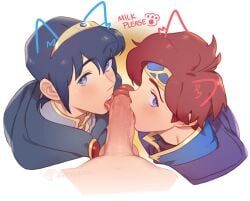 3boys animal_ears artist_name begging bishounen blue_cape blue_eyes blue_hair cape cat_ears collaborative_fellatio commentary cooperative_fellatio cropped_shoulders english_text erection eyelashes fellatio femboy fire_emblem fire_emblem:_mystery_of_the_emblem fire_emblem:_shadow_dragon_and_the_blade_of_light fire_emblem:_the_binding_blade gay gold_trim group_sex hair_between_eyes headband licking licking_penis looking_at_viewer male male_focus male_only male_pov marth_(fire_emblem) meep mmm_threesome multiple_boys nintendo oral parted_bangs penis penis_lick pov purple_cape red_hair roy_(fire_emblem) short_hair simple_background teamwork text threesome tongue tongue_out uncensored veins veiny_penis watermark web_address white_background yaoi