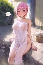 /// 1girls :) areolae bare_shoulders bathing big_breasts blue_eyes blush embarrassed female female_only go-toubun_no_hanayome highres knees_together legs legs_in_water light-skinned_female looking_at_viewer nakano_ichika nipples nipples_visible_through_clothing outdoors outside pink_hair see-through see-through_towel short_hair sitting sitting_on_poolside smile solo sooon spoken_blush towel towel_only transparent waist wet wide_hips