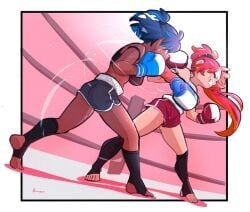 2020s 2023 2girls ass bare_shoulders black_shorts black_socks blue_hair boxing boxing_gloves boxing_ring catfight clenched_teeth closed_eyes dark-skinned_female dark_skin dolphin_shorts duo female female_only in_the_face kickboxing kneehighs light-skinned_female light_skin long_hair multicolored_hair multiple_girls no_shoes orange_hair original ponytail punch punching red_hair red_shorts short_shorts shorts socks soles standing stirrup_legwear streaked_hair swing_punch teeth toeless_legwear tomboys very_long_hair