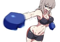 1girls background bike_shorts black_shorts blue_boxing_gloves blue_eyes blue_gloves boxing boxing_gloves breasts cowboy_shot emblem female female_only flying_sweatdrops foreshortening girls_und_panzer gloves grey_hair itsumi_erika large_brests leaning_to_the_side light-skinned_female light_skin long_hair looking_at_viewer midriff mordeth motion_blur navel open_mouth punch shorts simple single_vertical_stripe solo sports_bra standing sweat v-shaped_eyebrows white_background