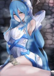 1girls angry armpits arms_behind_head azura_(fire_emblem) bare_legs bare_thighs blue_hair bondage bound bound_to_pole bound_wrists breasts captured dirty dress dungeon elbow_gloves female female_only femsub fire_emblem fire_emblem_fates gloves green_eyes hair_between_eyes headwear indoors kneeling legs light_blue_hair long_hair looking_at_viewer medium_breasts nenemu0 nintendo pole restrained scar solo textless thighs torn_clothes very_long_hair yellow_eyes