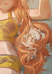 absurdres after_ejaculation breasts brown_hair bukkake commission crop_top cum cum_on_hair excessive_cum female hair_fetish hair_flowing_over hair_focus hair_over_shoulder highres huge_cumshot idolmaster idolmaster_cinderella_girls long_hair lying medium_breasts on_back open_mouth pixiv_commission shirt shorts sleeveless sleeveless_shirt smile solo sweat tomawarinosuizou wakabayashi_tomoka yellow_shorts