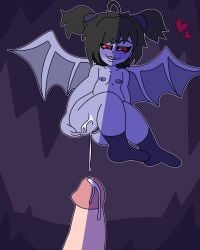 2023 black_hair blue_body blue_skin cave cum cum_in_pussy drawinecchi evil_grin flat_chest flying imp nipples oc original original_character penis puffy_nipples red_eyes self_upload simple_background simple_shading smaller_female socks socks_only succubus wings