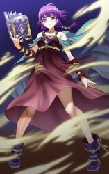 1girls absurdres aerokinesis armpits assisted_exposure bangs bare_arms bare_legs bare_shoulders blue_cape book boots bracer breasts cape cleavage closed_mouth collarbone dress female female_only fire_emblem fire_emblem:_the_sacred_stones from_below frown full_body highres holding holding_book legs looking_at_viewer low_twintails lute_(fire_emblem) magic nintendo open_book purple_eyes purple_hair short_hair shoulders sirano small_breasts solo standing twintails wind