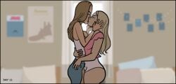 2girls bimbo bimbofication blonde_hair breast_expansion brown_hair comic female_only glasses kissing multiple_girls roommates sortimid transformation virus yuri