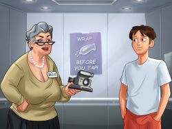 1boy 1girls 2d big_breasts bottomwear breasts brown_hair camera cleavage clothed clothing darkcookie digital_drawing_(artwork) digital_media_(artwork) duo ear_piercing earrings elevator female gilf glasses grey_hair holding_camera holding_object huge_breasts light-skinned_female light-skinned_male light_skin looking_at_another looking_at_partner main_character_(summertime_saga) male male/female older older_female piercings roz_(summertime_saga) shirt shorts skirt smile smiling summertime_saga topwear