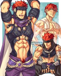 1boy abs armpits bara blue_background cape fingerless_gloves fire_emblem fire_emblem:_the_blazing_blade gloves hairband highres invisible_chair jaffar_(fire_emblem) male male_only male_pubic_hair muscular muscular_male nintendo nipples open_mouth pubic_hair pubic_hair_peek red_eyes red_hair short_hair sitting solo steaming_body tattoo towel towel_around_neck twitter_username wet yaekaidou