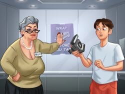 1boy 1girls 2d big_breasts bottomwear breasts brown_hair camera cleavage clothed clothing darkcookie digital_drawing_(artwork) digital_media_(artwork) duo ear_piercing earrings elevator female gilf glasses grey_hair holding_camera holding_object huge_breasts light-skinned_female light-skinned_male light_skin looking_at_another looking_at_partner looking_down main_character_(summertime_saga) male male/female older older_female piercings roz_(summertime_saga) shirt shorts skirt smile smiling summertime_saga topwear
