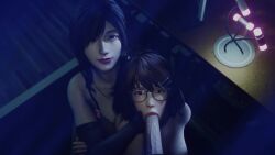 1boy 2girls 3d animated asian assisted_fellatio dead_or_alive dead_or_alive_xtreme_venus_vacation erection fellatio ffm_threesome glasses hairclip lewdgazer light-skinned_female light-skinned_male looking_at_viewer makeup oral pov sayuri_(dead_or_alive) sucking_penis tagme tsukushi_(doa) video