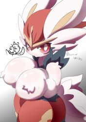 1female 2d anthro big_breasts breasts cinderace female_cinderace furry generation_8_pokemon lagomorph nintendo nyaswitchnya pink_eyes pokémon_(species) pokemon simple_background white_fur