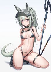 1girls 2023 animal_ears arknights belly blush boots bra breasts choker chun_bae grani_(arknights) grey_hair hi_res high_tops holding_object horse_ears horse_girl horse_tail kemonomimi kneehighs kneeling long_hair medium_breasts naked nude panties ponytail shoes simple_background slim_waist smile smiling socks solo tail tattoo thigh_strap vanguard_symbol_(arknights) weapon