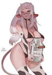 1girls areola_slip artist_name artist_signature big_breasts bikini blush cow_girl cow_horns cow_print cow_print_armwear cow_print_thighhighs cowbell female female_only gauntlets hairclip horns humanoid long_hair maewix1 milk_tank muna_(maewix) narrowed_eyes one_eye_closed solo tail thighhighs white_background white_hair