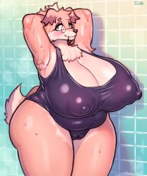 anthro biped blush breasts camel_toe cameltoe canid canine canis cleavage clothed clothing detailed_background domestic_dog erection_under_clothes eyewear female fur furry glasses hands_behind_head hi_res mammal nipple_outline school_swimsuit smile solo sususuigi swimsuit swimwear tan_body tan_fur