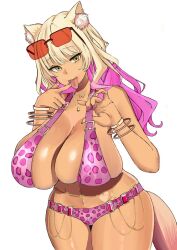 1girls animal_ears animal_print artist_request bare_shoulders belly_chain bikini blonde_hair bracelet breasts cleavage dark-skinned_female dark_skin eyewear_on_head fate/grand_order fate_(series) fox_ears fox_girl gradient_hair huge_breasts jaguar_print jewelry leopard_print long_hair looking_at_viewer multicolored_hair navel necklace pink_bikini pink_nails shironoharuka solo sunglasses suzuka_gozen_(fate) suzuka_gozen_(swimsuit_rider)_(fate) swimsuit tagme_(artist) tan tinted_eyewear