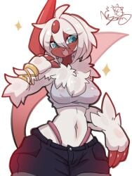 2023 absol big_breasts blush bracelet breasts claws cyan_eyes eyebrows eyebrows_visible_through_hair eyes_visible_through_hair generation_3_pokemon navel neck_fluff nipple_bulge nyaswitchnya oerba_yun_fang pokémon_(species) pokemon pokemon_(species) pokemon_rse red_skin shiny_pokemon signature simple_background sparkles tail tongue white_body white_fur white_hair