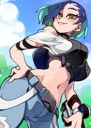 1girls absurd_res amber_eyes blue_hair bongfillstudent crop_top female female_only green_hair hand_on_hip looking_at_viewer medium_hair navel nintendo outdoors perrin_(pokemon) pokemon pokemon_sv smartwatch smiling smiling_at_viewer solo two_tone_hair viewed_from_below watch