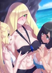 3girls ^^^ age_difference bikini black_bikini black_eyes black_hair blonde_hair blue_sky blush braid breasts cloud collarbone covered_nipples day green_eyes hair_over_one_eye highres incest lactation lactation_through_clothes large_breasts lillie_(pokemon) long_hair lusamine_(pokemon) mizuumi_(bb) mother_and_daughter multiple_girls nipple_tweak ocean open_mouth outdoors pokemon pokemon_(game) pokemon_sm selene_(pokemon) short_hair sky smile swimsuit yuri