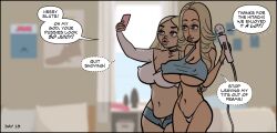 2girls big_breasts bimbo bimbofication blonde_hair breast_expansion comic english_text female_only large_breasts lipstick multiple_girls roommates selfie sortimid text transformation vibrator virus