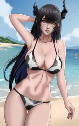 1girls beach belly_button big_breasts bikini blackcapbandit breasts cowkini dark_hair female female_only hololive hololive_english hololive_english_-advent- horns light-skinned_female light_skin nerissa_ravencroft outside pinup solo virtual_youtuber vtuber water